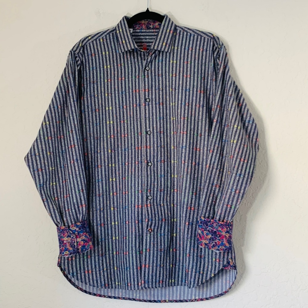 Luchiano Visconti Shirt Men M Blue Gray Striped Floral Flip Cuffs Artsy European